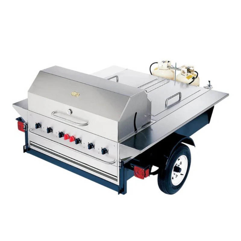 Stainless steel portable gas grill on a trailer with multiple burners and a hood for outdoor cooking.