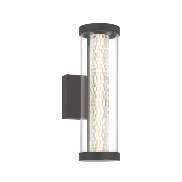 Modern wall sconce featuring a cylindrical glass shade with a textured inner design, mounted on a sleek black base, ideal for contemporary interior lighting.