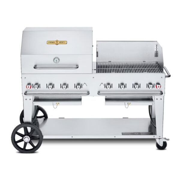 Stainless steel commercial gas grill with multiple burners and a spacious cooking area, featuring large wheels for easy mobility.