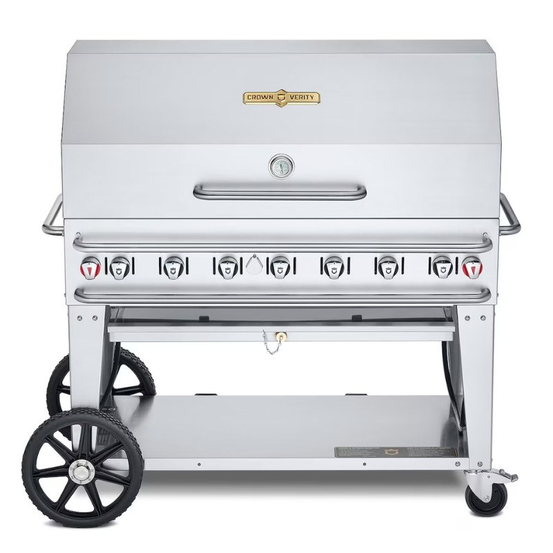 Stainless steel commercial gas grill with multiple burners, a temperature gauge, and large wheels for mobility.