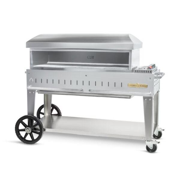 Stainless steel commercial grill on wheels with a covered cooking area and a lower storage shelf. Ideal for outdoor cooking and catering.