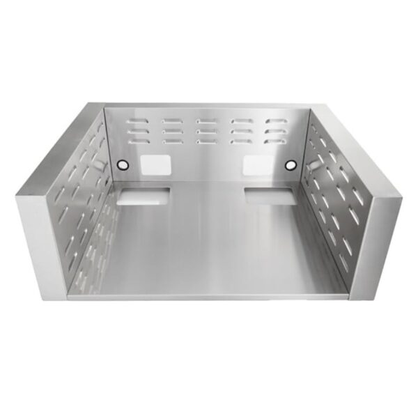 Stainless steel grilling basket with perforated sides and a flat base, designed for even cooking and easy handling of grilled foods.