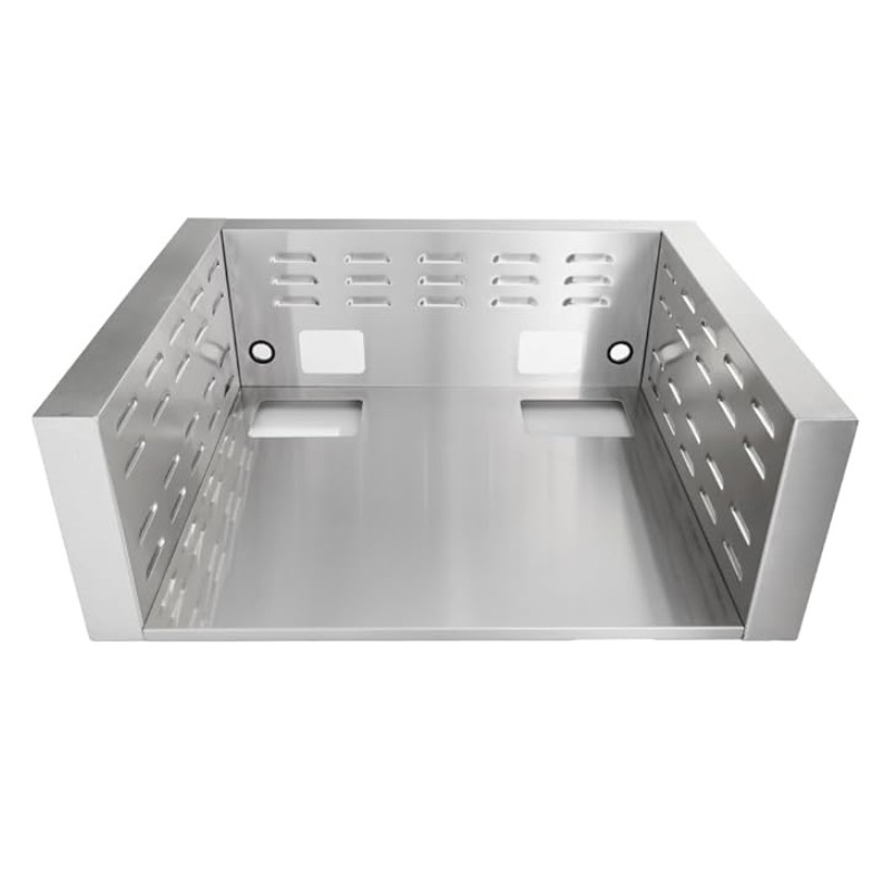 Stainless steel grilling basket with perforated sides and a flat base, designed for even cooking and easy handling of grilled foods.