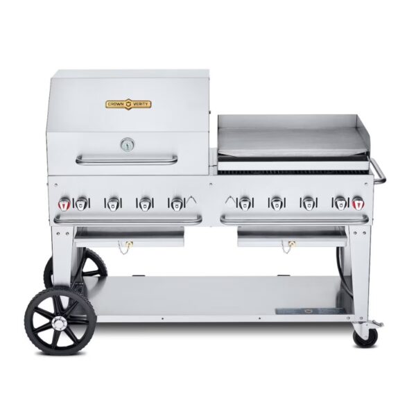 Stainless steel commercial gas grill with multiple burners and a flat top griddle, featuring large wheels for mobility and a sleek design.