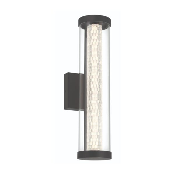 Modern wall sconce featuring a cylindrical glass design with a textured light pattern and a sleek black mount. Ideal for contemporary interior lighting.