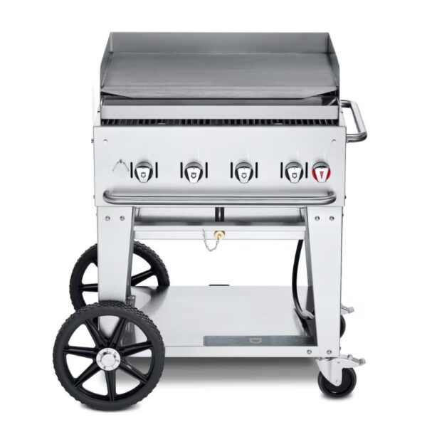 Stainless steel gas griddle with four burners, mounted on a wheeled cart for easy mobility.