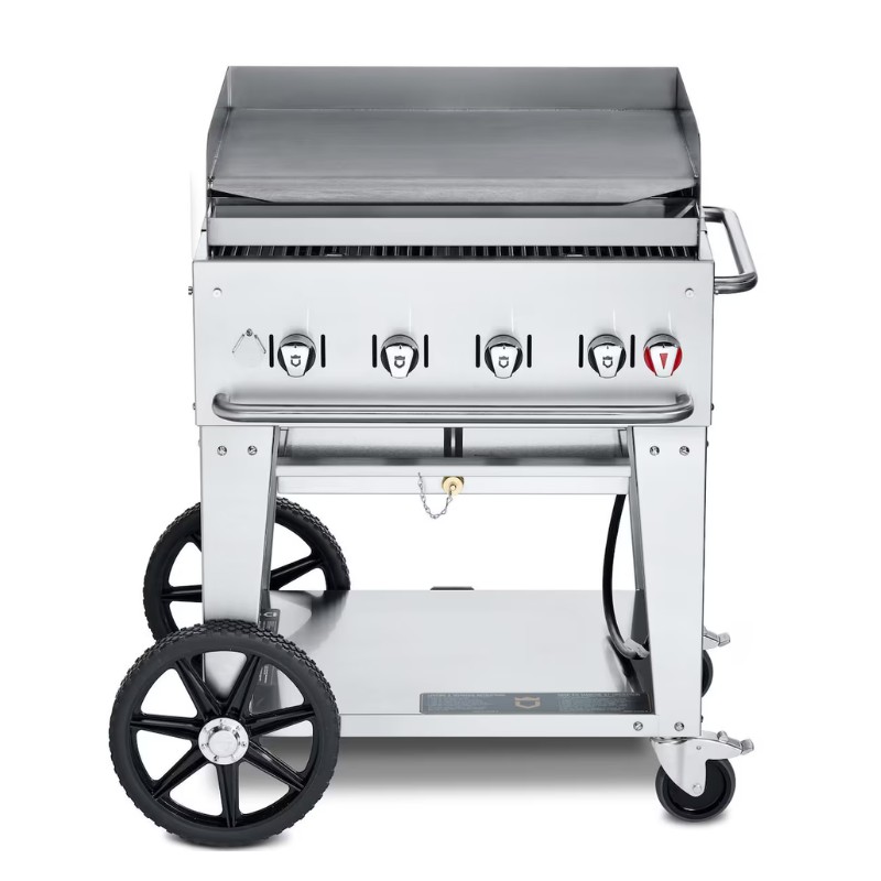 ab83ac60-836e-4b7b-9395-1ba50b5df8a1.jpg Stainless steel gas griddle with four burners, mounted on a wheeled cart for easy mobility.