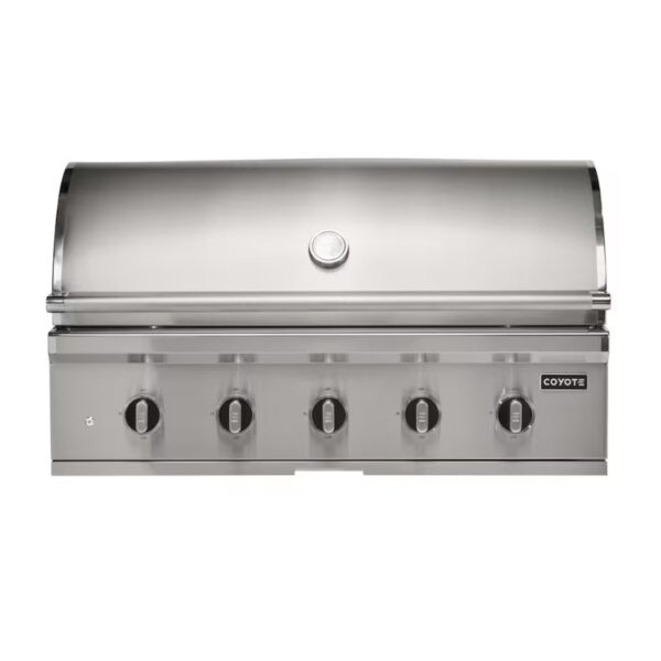 Stainless steel Coyote gas grill with five control knobs and a sleek, modern design.