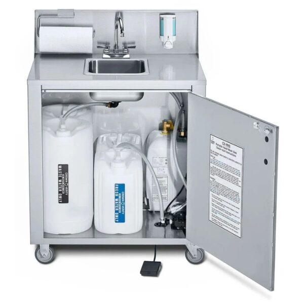 Portable handwashing station with a sink, fresh and waste water tanks, and foot pedal for operation. Ideal for outdoor events and food service.