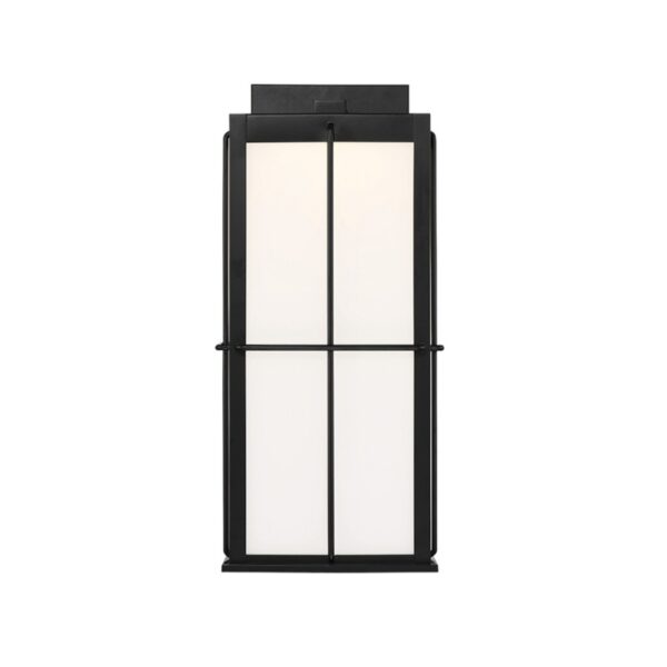 Black framed lantern light fixture with frosted white glass panels, ideal for modern outdoor or indoor decor.