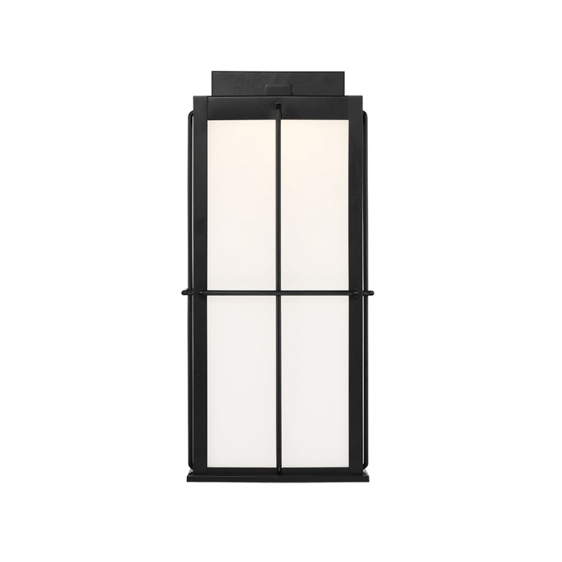 Black framed lantern light fixture with frosted white glass panels, ideal for modern outdoor or indoor decor.