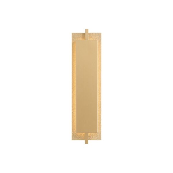 Slim, modern wall sconce with a gold finish, featuring a textured border and soft illumination for stylish lighting decor.