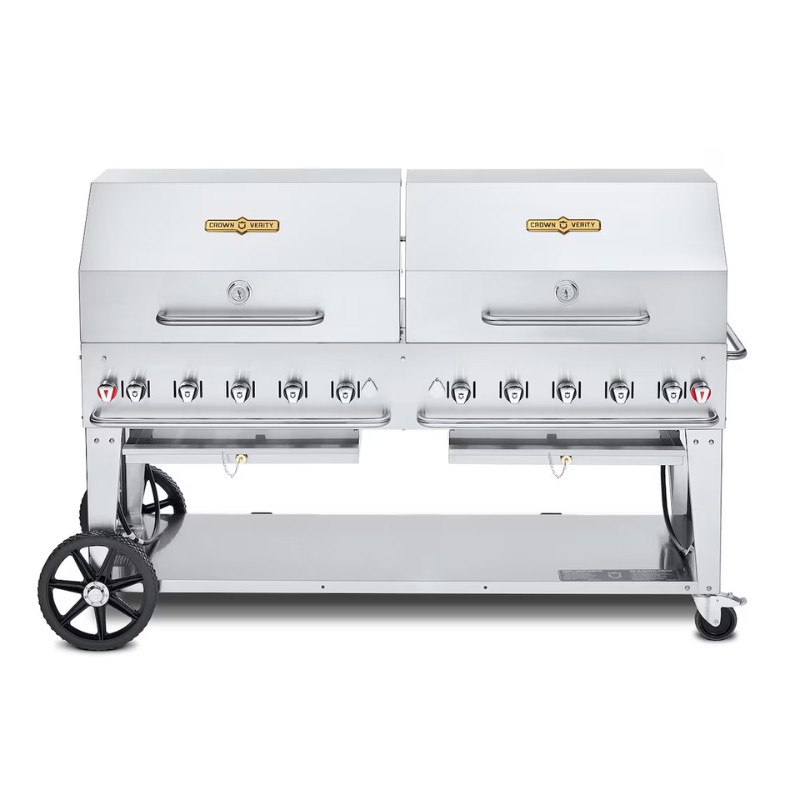 Stainless steel commercial barbecue grill with dual cooking chambers, multiple burners, and sturdy wheels for easy mobility. Ideal for outdoor cooking and catering events.