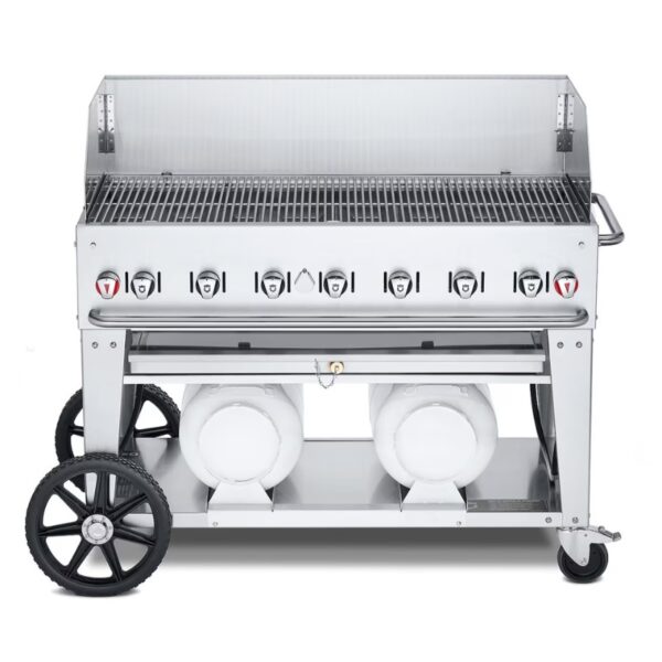 Stainless steel outdoor gas grill with multiple burners and two propane tanks on a wheeled cart, designed for efficient grilling and portability.