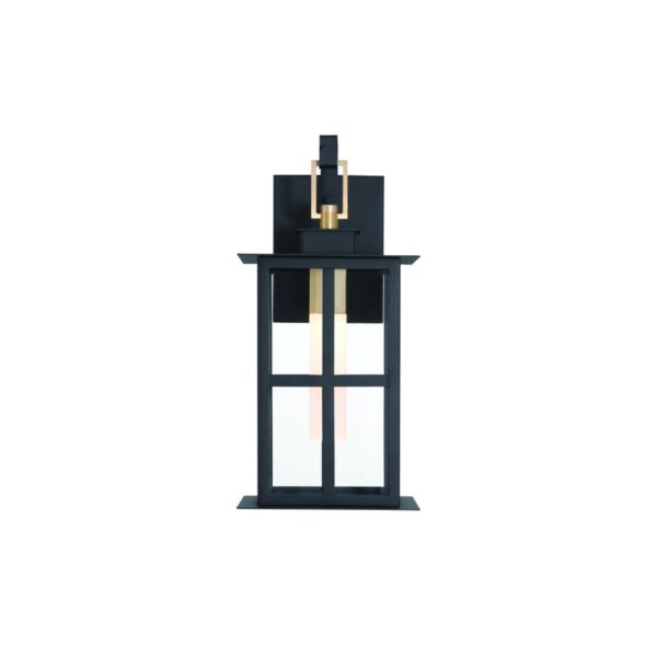 Modern black and gold wall sconce featuring geometric design and glass panels, ideal for contemporary interior decor.