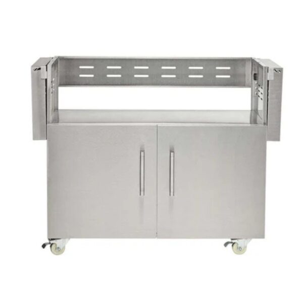Stainless steel kitchen cart with two doors and a removable top shelf, featuring wheels for easy mobility.