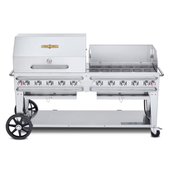 Stainless steel outdoor gas grill with multiple burners, a large cooking surface, and wheels for easy mobility.