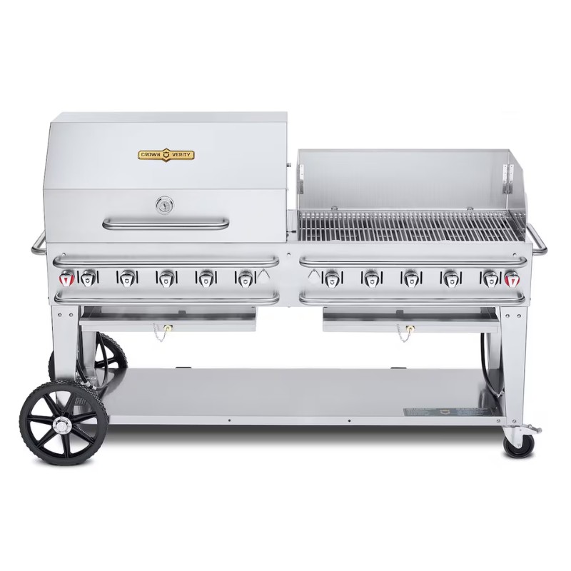 bbc9509b-b1a6-4ca9-b746-88d39b177468.jpg Stainless steel outdoor gas grill with multiple burners, a large cooking surface, and wheels for easy mobility.