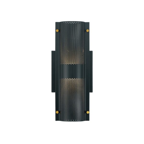 Modern wall sconce with a perforated metal design, featuring warm ambient lighting and gold accent details, ideal for contemporary interior decor.