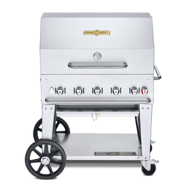 Stainless steel commercial gas grill with multiple burners and wheels for easy mobility.