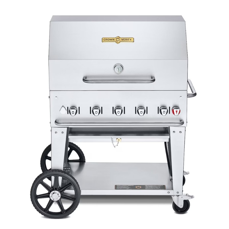Stainless steel commercial gas grill with multiple burners and wheels for easy mobility.