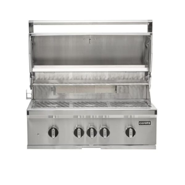 Stainless steel outdoor grill with four control knobs and a raised hood, designed for high-performance grilling.