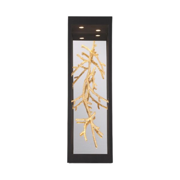 Gold branch sculpture in a sleek black frame with integrated lighting, mounted on a reflective background. Ideal for modern home decor.