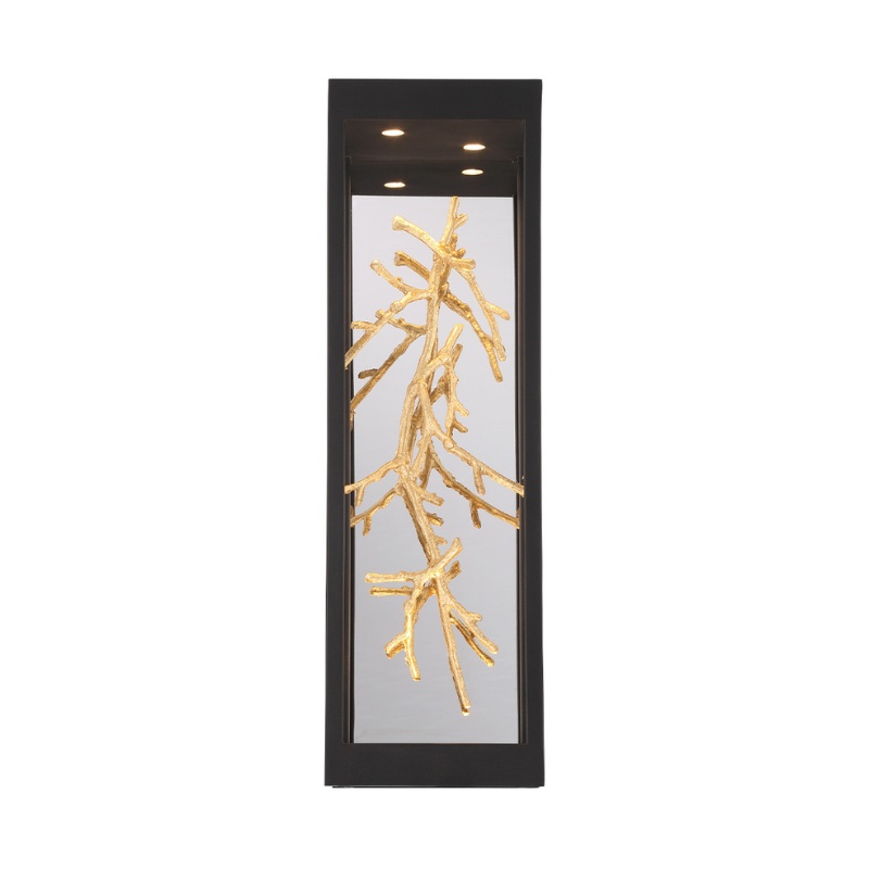 Gold branch sculpture in a sleek black frame with integrated lighting, mounted on a reflective background. Ideal for modern home decor.