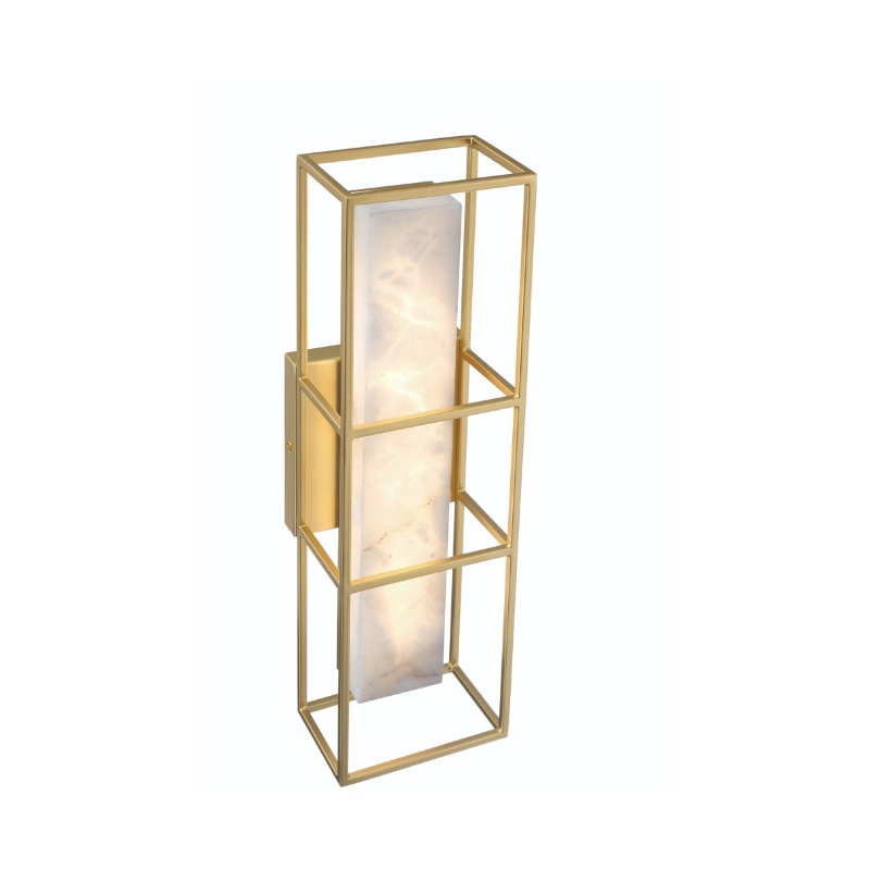 Modern gold wall sconce lamp featuring a rectangular design with a translucent light diffuser, ideal for contemporary home decor.