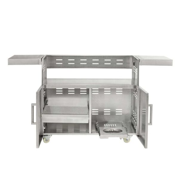 Stainless steel outdoor kitchen cart with multiple storage compartments, a side shelf, and a removable tray for grilling accessories.
