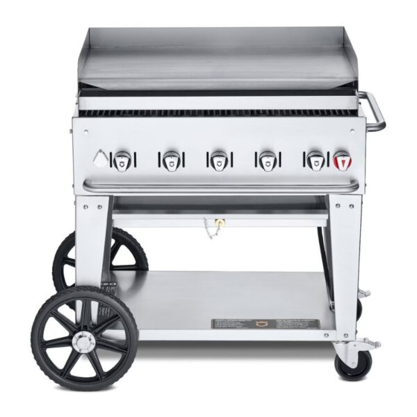 Stainless steel gas griddle with five control knobs, a flat cooking surface, and large wheels for mobility. Ideal for outdoor cooking and grilling.