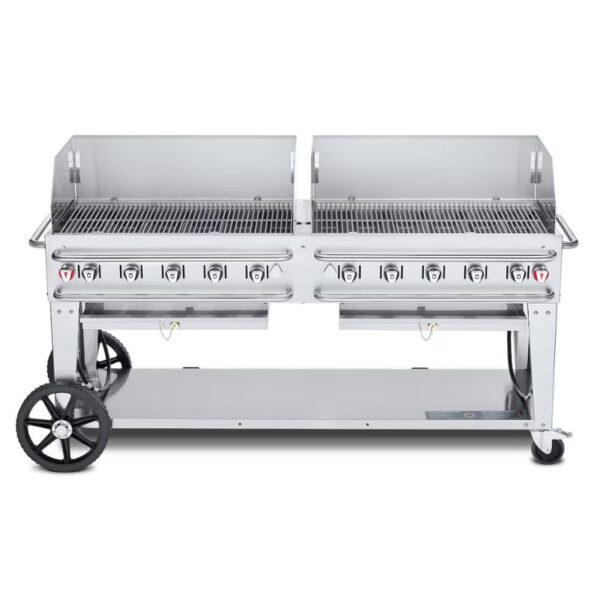 Stainless steel double grill with multiple burners, large cooking surface, and wheels for mobility. Ideal for outdoor barbecues and gatherings.