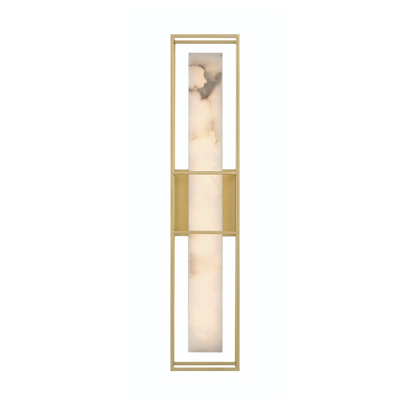 Stylish vertical LED floor lamp with a gold frame and a light-colored, marbled diffuser for modern interior decor.