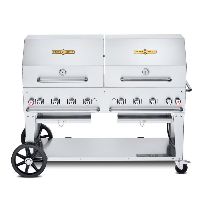 Stainless steel commercial gas grill with dual cooking surfaces, multiple burners, and wheels for easy mobility. Ideal for outdoor barbecues and catering events.