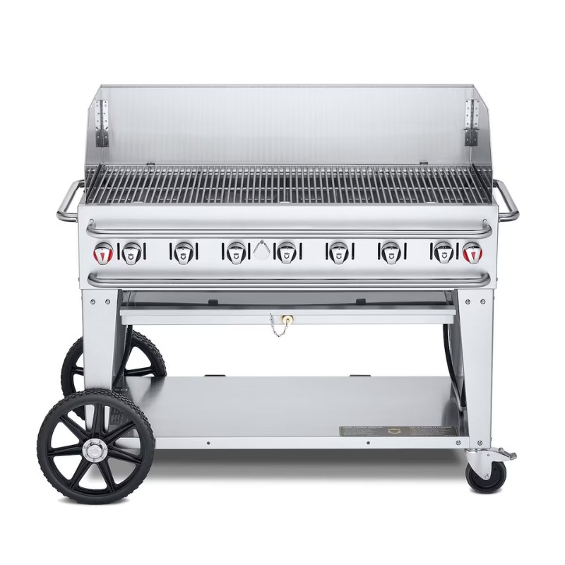 Stainless steel outdoor gas grill with multiple burners and wheels for easy mobility. Ideal for barbecues and outdoor cooking.