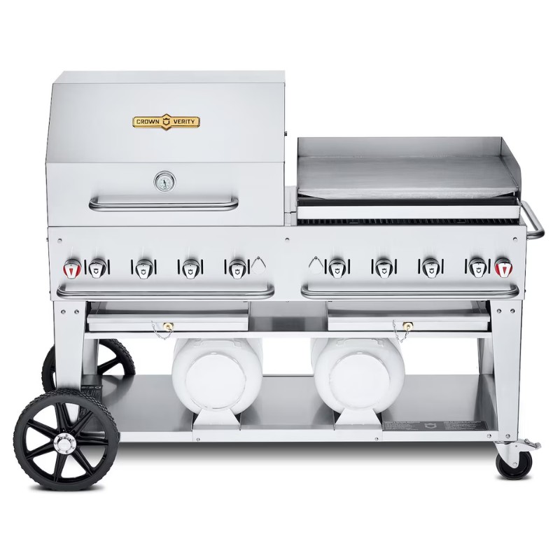 Stainless steel commercial grill with multiple burners and a flat top griddle, designed for outdoor cooking and catering.
