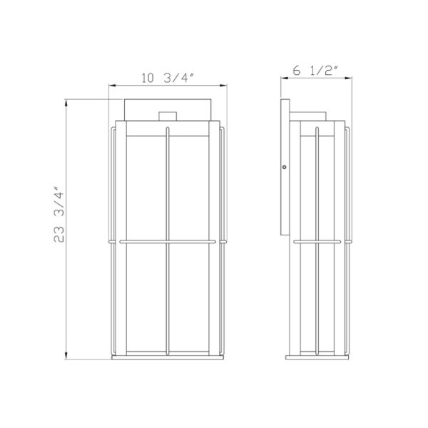Line drawing of a vertical storage unit, dimensions 23 3/4" height, 10 3/4" width, and 6 1/2" depth, featuring a simple design and hand-drawn style for easy visualization.