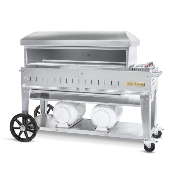 Stainless steel outdoor grill with a covered cooking area, featuring two propane tanks and sturdy wheels for mobility.
