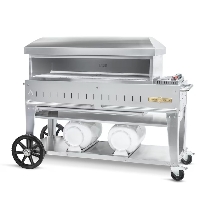 d31b8a96-ce4a-4269-9595-60ac6093eee5.jpg Stainless steel outdoor grill with a covered cooking area, featuring two propane tanks and sturdy wheels for mobility.
