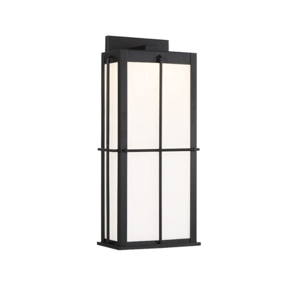 Modern black outdoor wall lantern with a rectangular design and frosted glass panel, ideal for entryways and patios.