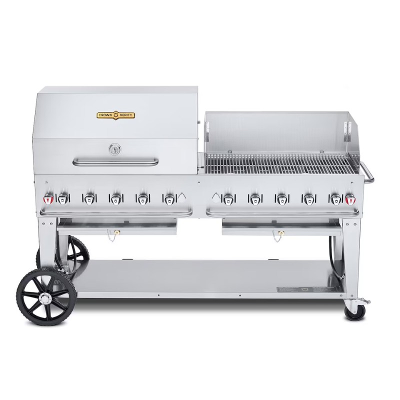 d62d401f-5e8a-4af1-b002-d8be152b079a.jpg Stainless steel commercial gas grill with multiple burners, side shelves, and large wheels for easy mobility. Ideal for outdoor cooking and barbecues.