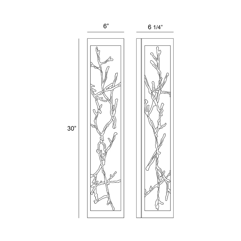 Illustration of decorative wall panels with twig designs measuring 30 inches high, 6 inches wide and 6 1/4 inches wide, showcasing a natural aesthetic suitable for home decor.