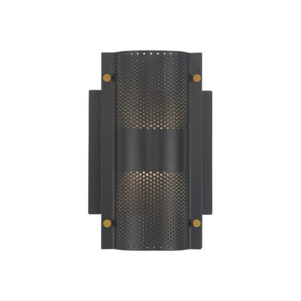 Modern wall sconce featuring a perforated metal design with an elegant black finish and brass accents, ideal for contemporary lighting decor.
