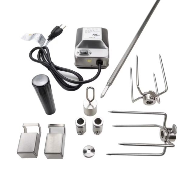 Electric grill rotisserie kit featuring a motor, skewers, forks, and clamps for outdoor cooking.