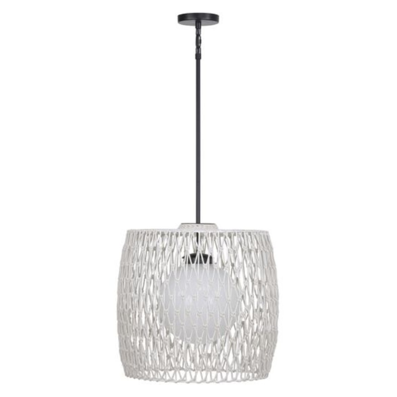 Modern woven pendant light with a black fixture and a frosted glass bulb, perfect for stylish home décor.
