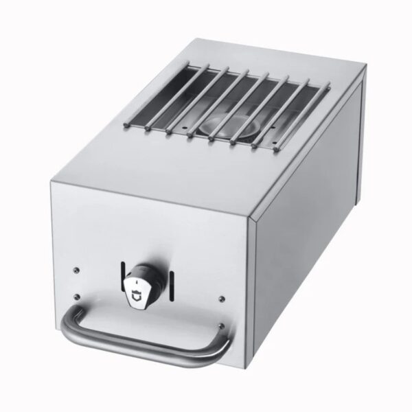 Stainless steel portable grill with a handle and adjustable control knob, featuring a slatted top for even heat distribution. Ideal for outdoor cooking and barbecues.
