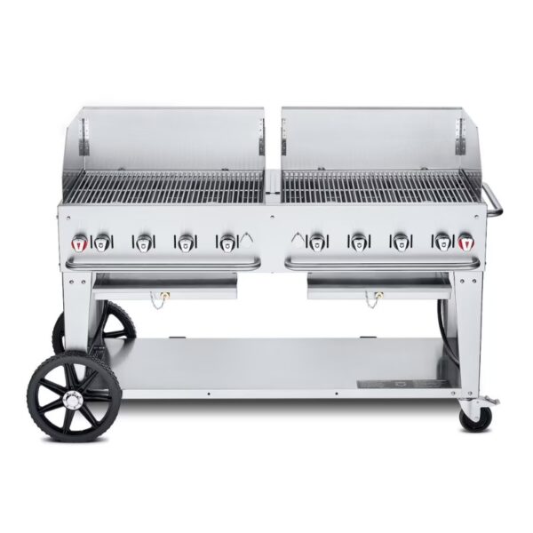 Stainless steel dual-burner gas grill with multiple control knobs and large grilling area, featuring easy-rolling wheels for mobility.