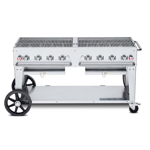 Stainless steel outdoor gas grill with multiple burners and wheels for mobility, designed for efficient cooking and grilling.