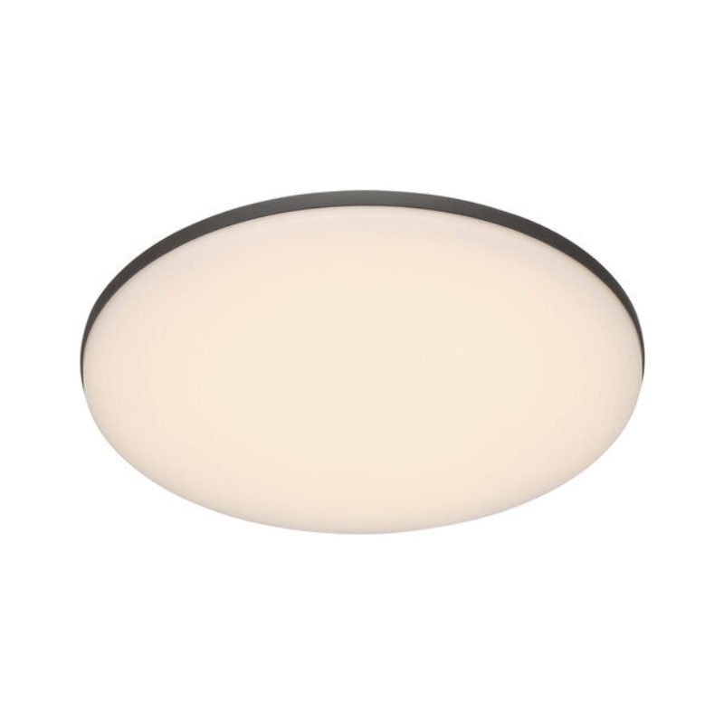 Modern round ceiling light fixture with a sleek white diffuser and black rim, designed for stylish illumination in any room.