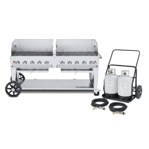 Stainless steel double gas grill with multiple burners and two propane tanks on a cart, ideal for outdoor cooking and barbecues.